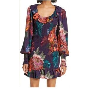 Farm Rio Flower Scarves Dress Smocked Long Sleeve Purple Floral Mini Size Large